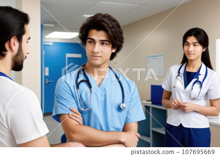 medical specialist conducts the patient reception in the hospital. adolescent athletic handsome man with voluminous hairs take consult . Healthcare and wellness concept., AI 107695669