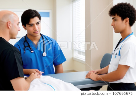 medical specialist conducts the patient reception in the hospital. adolescent athletic male with bald hairs take consult from medical s . Healthcare and wellness concept., AI 107695675