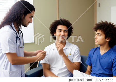 medical specialist conducts the patient reception in the hospital. adolescent athletic man with big hairs take consult from medical spe . Healthcare and wellness concept., AI 107695678