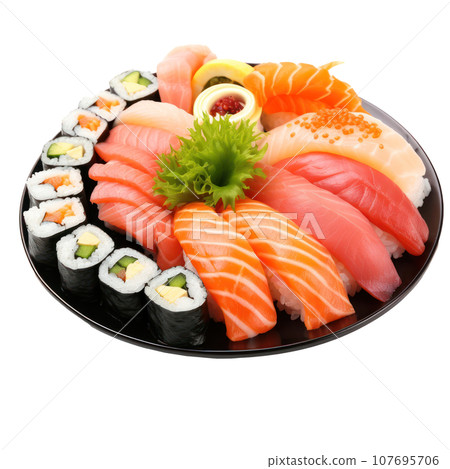 Sushi platter: Assorted sushi rolls and sashimi on a platter. isolated Sushi platter: Assorted sushi rolls and sashimi on a platter. isolated 107695706