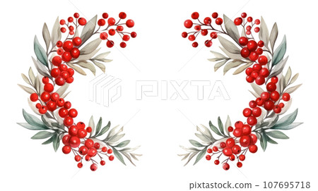 Festive watercolor Christmas wreath with red berries and a frame. Festive watercolor Christmas wreath with red berries and a frame. 107695718