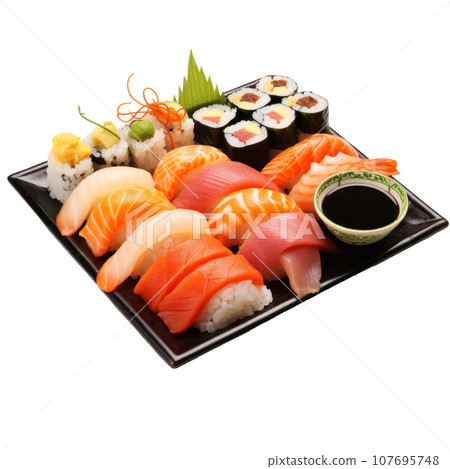 Sushi platter: Assorted sushi rolls and sashimi on a platter. isolated Sushi platter: Assorted sushi rolls and sashimi on a platter. isolated 107695748