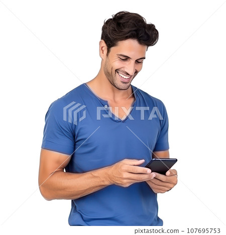 Handsome business man in blue t-shirt woth mobile phone isolated Handsome business man in blue t-shirt woth mobile phone isolated 107695753