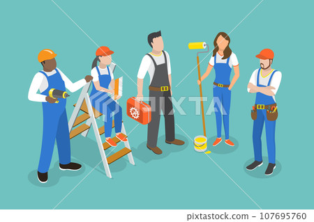 3D Isometric Flat Vector Conceptual Illustration of Team Of Workers 107695760