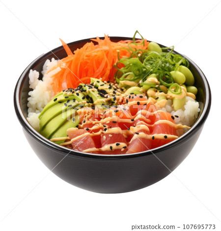 Poke bowl: Raw fish over rice, topped with veggies and sauce. isolated 107695773
