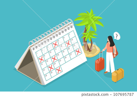 3D Isometric Flat Vector Conceptual Illustration of Holiday or Vacation Calendar 107695787