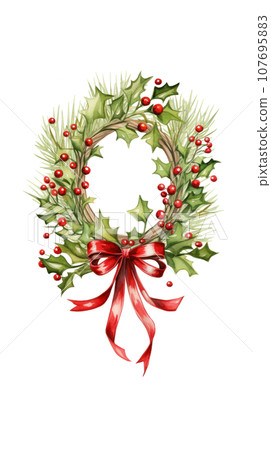 Watercolor mistletoe wreath with red berries and a wooden frame 107695883