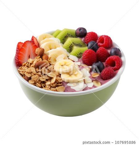 Smoothie bowl: Thick smoothie topped with fruit, granola, and nuts. isolated Smoothie bowl: Thick smoothie topped with fruit, granola, and nuts. isolated 107695886