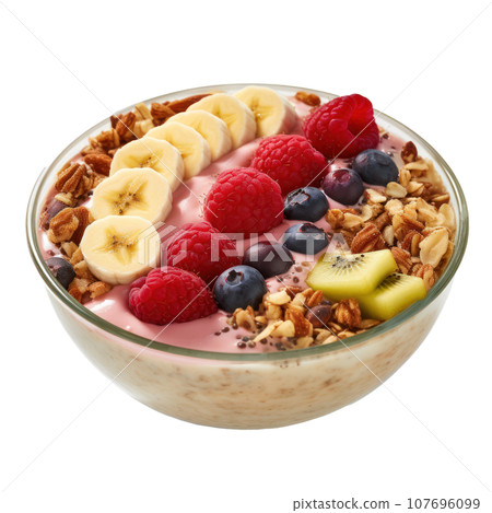Smoothie bowl: Thick smoothie topped with fruit, granola, and nuts. isolated Smoothie bowl: Thick smoothie topped with fruit, granola, and nuts. isolated 107696099
