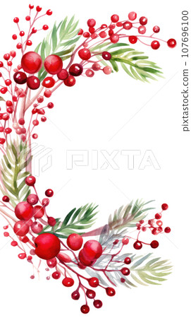 Festive watercolor Christmas wreath with red berries and a frame. Festive watercolor Christmas wreath with red berries and a frame. 107696100