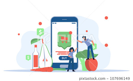 Man shopping grocery online with mobile store supermarket business. People with smartphone food delivery. Concept customer order internet from home service. Sale retail market commerce app phone 107696149