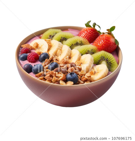 Smoothie bowl: Thick smoothie topped with fruit, granola, and nuts. isolated Smoothie bowl: Thick smoothie topped with fruit, granola, and nuts. isolated 107696175