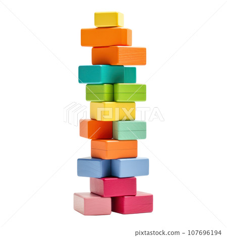 Colorful blocks stacked high in a tower, ready to topple isolated 107696194