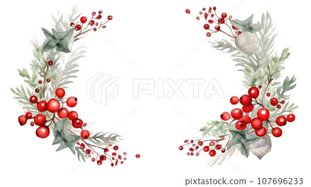 Festive watercolor Christmas wreath with red berries and a frame. Festive watercolor Christmas wreath with red berries and a frame. 107696233