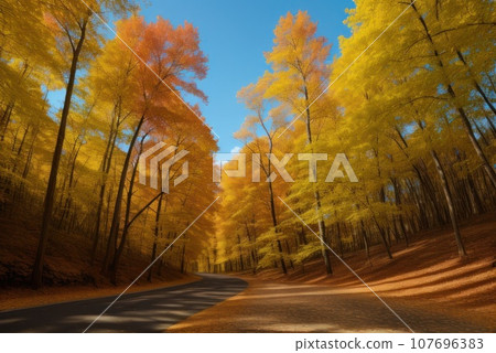 Autumn forest background. Vibrant color tree, red orange foliage in fall park. Nature change Yellow leaves in october season Sun up in blue heart shape sky Sunny day weather, bright light banner 107696383