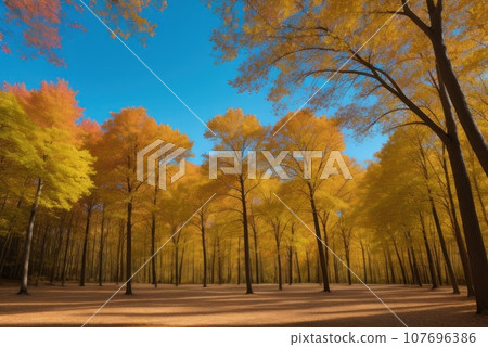 Autumn forest background. Vibrant color tree, red orange foliage in fall park. Nature change Yellow leaves in october season Sun up in blue heart shape sky Sunny day weather, bright light banner 107696386