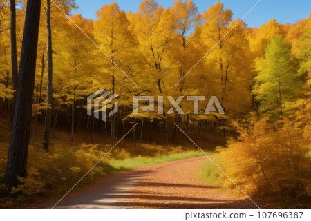 Autumn forest background. Vibrant color tree, red orange foliage in fall park. Nature change Yellow leaves in october season Sun up in blue heart shape sky Sunny day weather, bright light banner 107696387