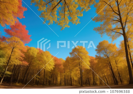 Autumn forest background. Vibrant color tree, red orange foliage in fall park. Nature change Yellow leaves in october season Sun up in blue heart shape sky Sunny day weather, bright light banner 107696388