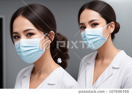 Medical nurse or Doctor and Health Care, Portrait of medical specialist in mask in Examination Room. Medicine Female Doctors Wearing Face Mask and Cap for Patients Surgery Work. Medic Hospital. AI Medical nurse or Doctor and Health Care, Portrait of medical specialist in mask in Examination Room. Medicine Female Doctors Wearing Face Mask and Cap for Patients Surgery Work. Medic Hospital. AI 107696398