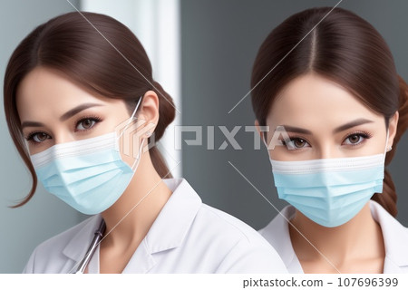 Medical nurse or Doctor and Health Care, Portrait of medical specialist in mask in Examination Room. Medicine Female Doctors Wearing Face Mask and Cap for Patients Surgery Work. Medic Hospital. AI Medical nurse or Doctor and Health Care, Portrait of medical specialist in mask in Examination Room. Medicine Female Doctors Wearing Face Mask and Cap for Patients Surgery Work. Medic Hospital. AI 107696399