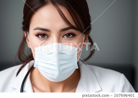 Medical nurse or Doctor and Health Care, Portrait of medical specialist in mask in Examination Room. Medicine Female Doctors Wearing Face Mask and Cap for Patients Surgery Work. Medic Hospital. AI Medical nurse or Doctor and Health Care, Portrait of medical specialist in mask in Examination Room. Medicine Female Doctors Wearing Face Mask and Cap for Patients Surgery Work. Medic Hospital. AI 107696401