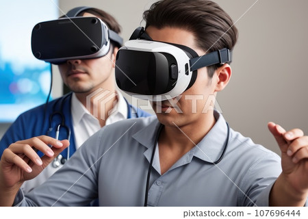Medical technology. Health care, Medicine doctor using virtual reality headset with robots to research and testing result of patients on virtual interface, VR, innovation and science to future.. AI 107696444