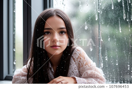 Raindrops like tears. Sad lonely latina female sit on windowsill in melancholic mood watch rain outside feeling her heart broken. Pensive young woman hug herself suffer of unanswered love. Copy space. Raindrops like tears. Sad lonely latina female sit on windowsill in melancholic mood watch rain outside feeling her heart broken. Pensive young woman hug herself suffer of unanswered love. Copy space. 107696453