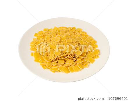 Small Square Pasta, Quadrucci Raw Pasta, Flat Dry Macaroni, Mediterranean Cuisine, Soup Ingredient Small Square Pasta, Quadrucci Raw Pasta, Flat Dry Macaroni, Mediterranean Cuisine, Soup Ingredient 107696491