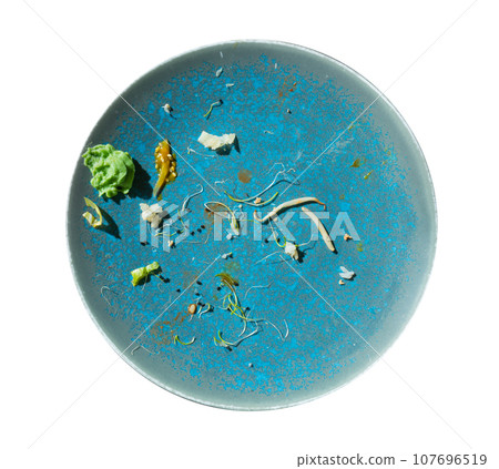 Dirty Plate, Empty Bowl after Dinner, Finished Lunch, Salad and Smeared Sauce on Blue Plate Dirty Plate, Empty Bowl after Dinner, Finished Lunch, Salad and Smeared Sauce on Blue Plate 107696519