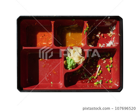 Dirty Bento Box Isolated, Sushi Box on White, Empty Bowl after Sushi Dinner, Finished Asian Lunch 107696520