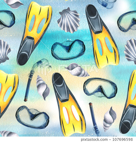 fins, shells, mask and snorkel. Watercolor illustration, hand drawn. Seamless pattern on a blue background. 107696598
