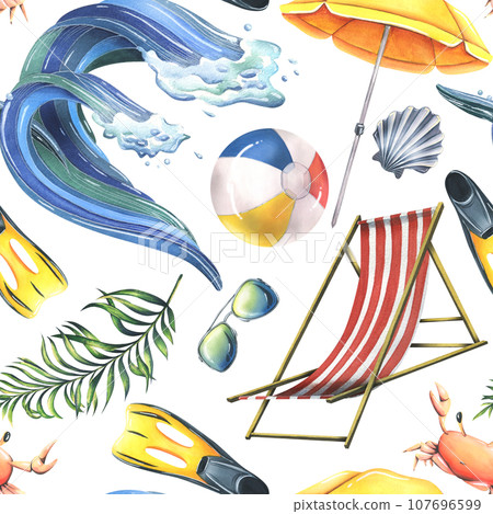 Sun loungers, inflatable toys, sun umbrella, tropical palm leaves. Watercolor illustration, hand drawn for cards, posters, beach and summer. Seamless pattern on a white background. 107696599