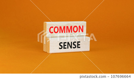 Common sense symbol. Concept words Common sense on beautiful wooden block. Beautiful orange table orange background. Business, motivational common sense concept. Copy space. 107696664