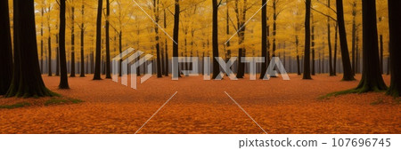 Autumn forest background. Vibrant color tree, red orange foliage in fall park. Nature change Yellow leaves in october season Sun up in blue sky Sunny day weather, bright light banner frame. AI 107696745