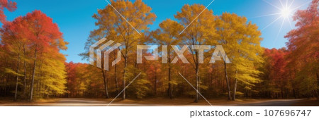 Autumn forest background. Vibrant color tree, red orange foliage in fall park. Nature change Yellow leaves in october season Sun up in blue sky Sunny day weather, bright light banner frame. AI Autumn forest background. Vibrant color tree, red orange foliage in fall park. Nature change Yellow leaves in october season Sun up in blue sky Sunny day weather, bright light banner frame. AI 107696747