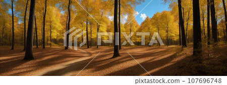 Autumn forest background. Vibrant color tree, red orange foliage in fall park. Nature change Yellow leaves in october season Sun up in blue sky Sunny day weather, bright light banner frame. AI 107696748