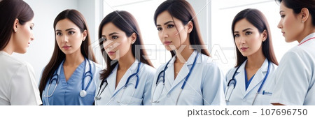 Team of doctors, diversity portrait and healthcare hospital services, mission and group values. Support, love and nurses or medical professional employees, black woman and face of USA clinic staff. AI 107696750