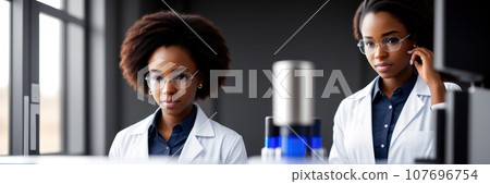 Medical Science Laboratory: Portrait of Beautiful Black Scientist Does Analysis of Test Sample. Ambitious Young Biotechnology Specialist, working with Advanced Equipment. AI 107696754