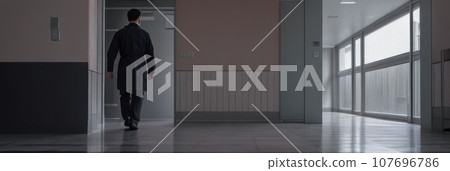 back view. Man walking in office corridor. AI 107696786
