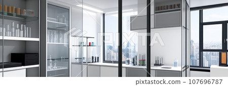 Close-up and selective focus shoot of medical test tubes with liquid, and other modern laboratory equipment in a laboratory room.. AI 107696787