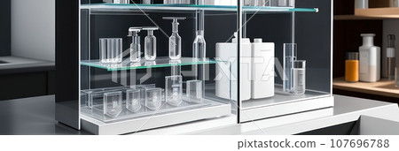 Close-up and selective focus shoot of medical test tubes with liquid, and other modern laboratory equipment in a laboratory room.. AI 107696788