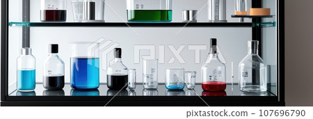 Close-up and selective focus shoot of medical test tubes with liquid, and other modern laboratory equipment in a laboratory room.. AI Close-up and selective focus shoot of medical test tubes with liquid, and other modern laboratory equipment in a laboratory room.. AI 107696790