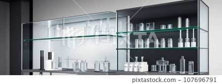 Close-up and selective focus shoot of medical test tubes with liquid, and other modern laboratory equipment in a laboratory room.. AI 107696791