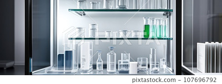 Close-up and selective focus shoot of medical test tubes with liquid, and other modern laboratory equipment in a laboratory room.. AI Close-up and selective focus shoot of medical test tubes with liquid, and other modern laboratory equipment in a laboratory room.. AI 107696792