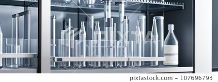 Close-up and selective focus shoot of medical test tubes with liquid, and other modern laboratory equipment in a laboratory room.. AI 107696793