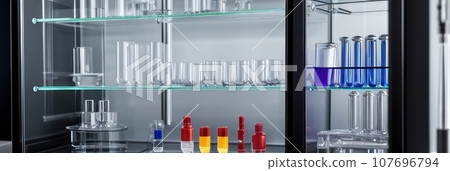 Close-up and selective focus shoot of medical test tubes with liquid, and other modern laboratory equipment in a laboratory room.. AI 107696794