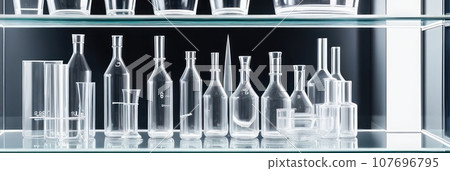 Close-up and selective focus shoot of medical test tubes with liquid, and other modern laboratory equipment in a laboratory room.. AI 107696795