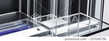 Close-up and selective focus shoot of medical test tubes with liquid, and other modern laboratory equipment in a laboratory room.. AI 107696796