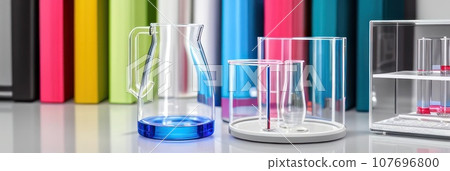 Lab theme with lab glassware filled colorful liquid and transparent empty podium on gradient background. Science laboratory research and development concept. AI 107696800