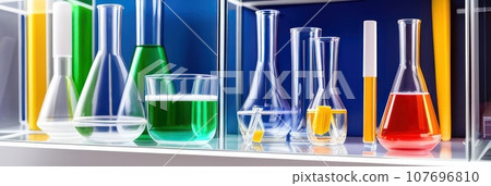 Lab theme with lab glassware filled colorful liquid and transparent empty podium on gradient background. Science laboratory research and development concept. AI Lab theme with lab glassware filled colorful liquid and transparent empty podium on gradient background. Science laboratory research and development concept. AI 107696810